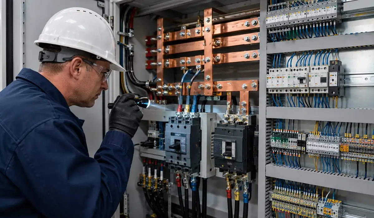 Techniker prüft eine Niederspannungs-Schaltanlage zur Erkennung von Ausfallmodi von Schaltgeräten