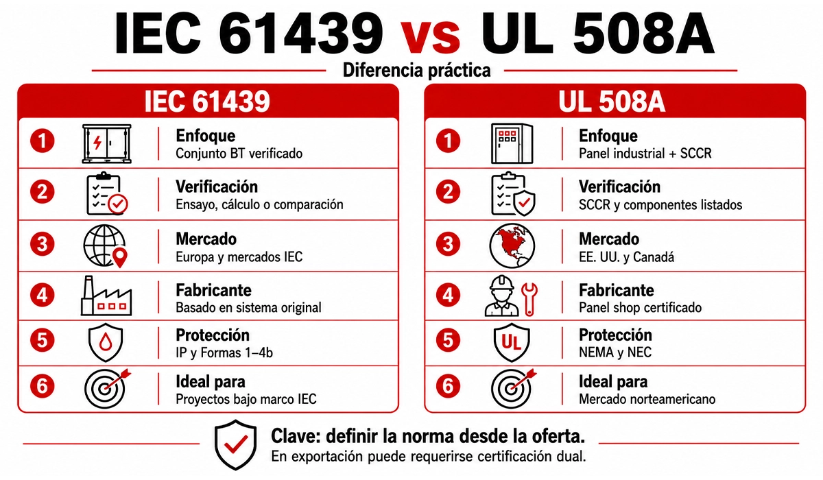Diferencia pr&aacute;ctica entre IEC 61439 vs UL 508A