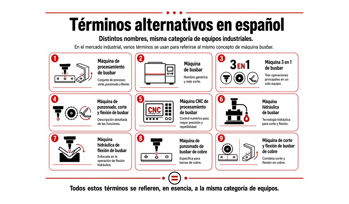 Infografía en español sobre términos alternativos para máquinas de busbar. Presenta nueve denominaciones, como máquina de procesamiento de busbar, máquina 3 en 1, máquina CNC, máquina hidráulica y equipos de punzonado, corte y flexión, indicando que todas pertenecen a la misma categoría de equipos industriales.