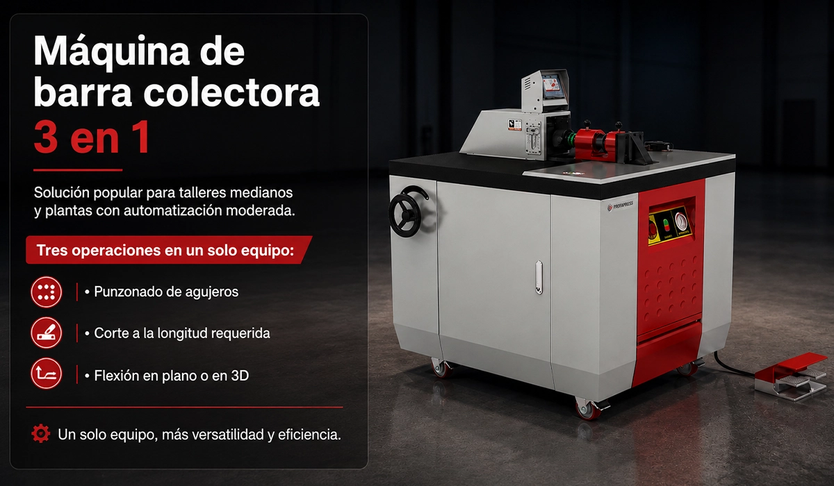 Imagen promocional en español de una máquina de barra colectora 3 en 1. Muestra un equipo industrial para talleres medianos y plantas con automatización moderada, capaz de realizar punzonado de agujeros, corte a la longitud requerida y flexión en plano o en 3D en un solo equipo.