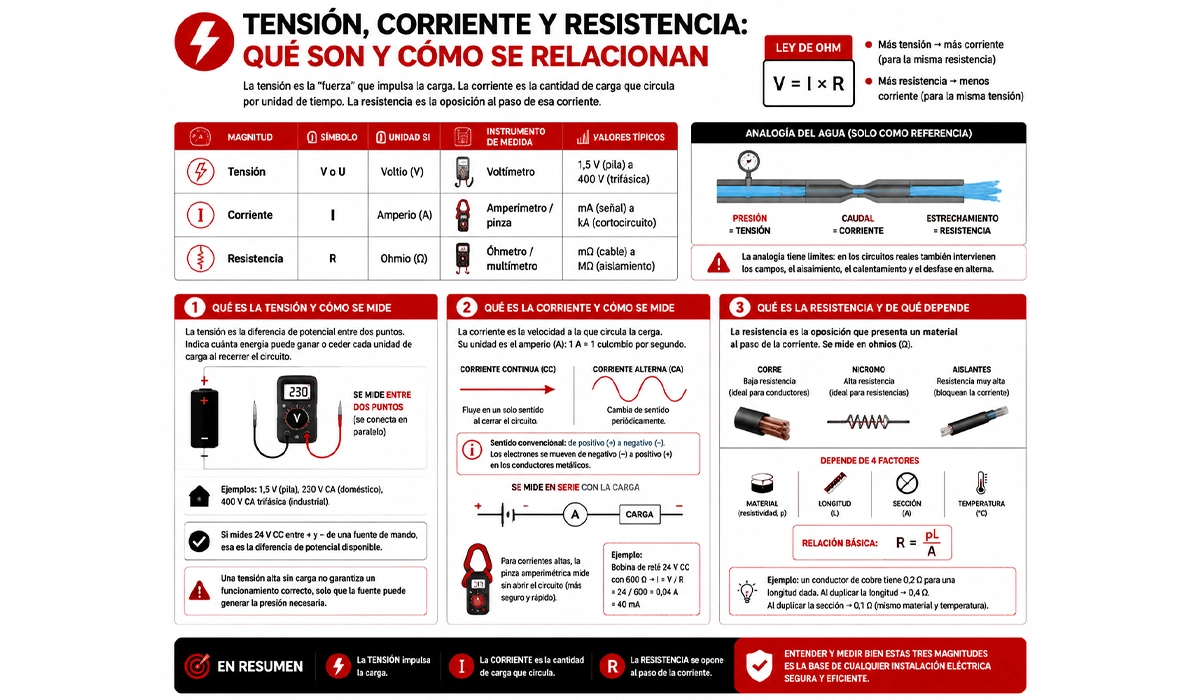 Tensión, corriente y resistencia: qué son y cómo se relacionan