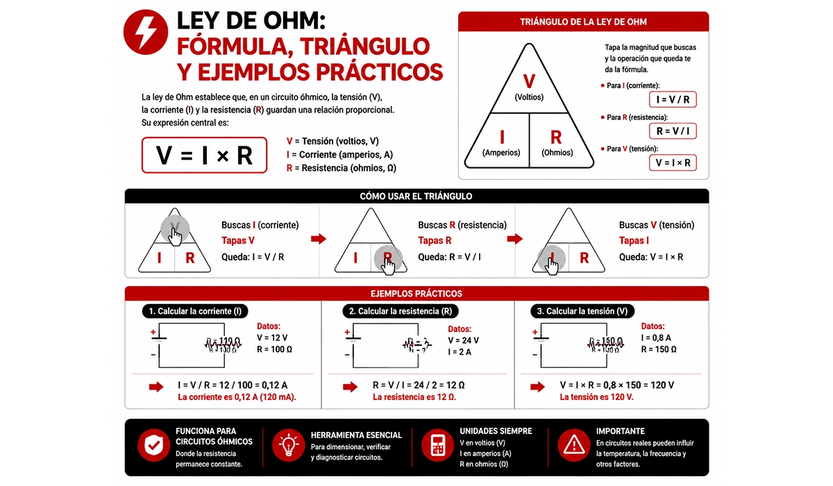 Ley de Ohm: fórmula, triángulo y ejemplos prácticos