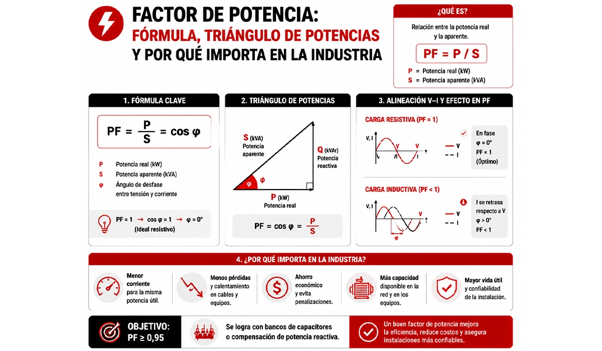 Factor de potencia: fórmula, triángulo de potencias y por qué importa en la industria