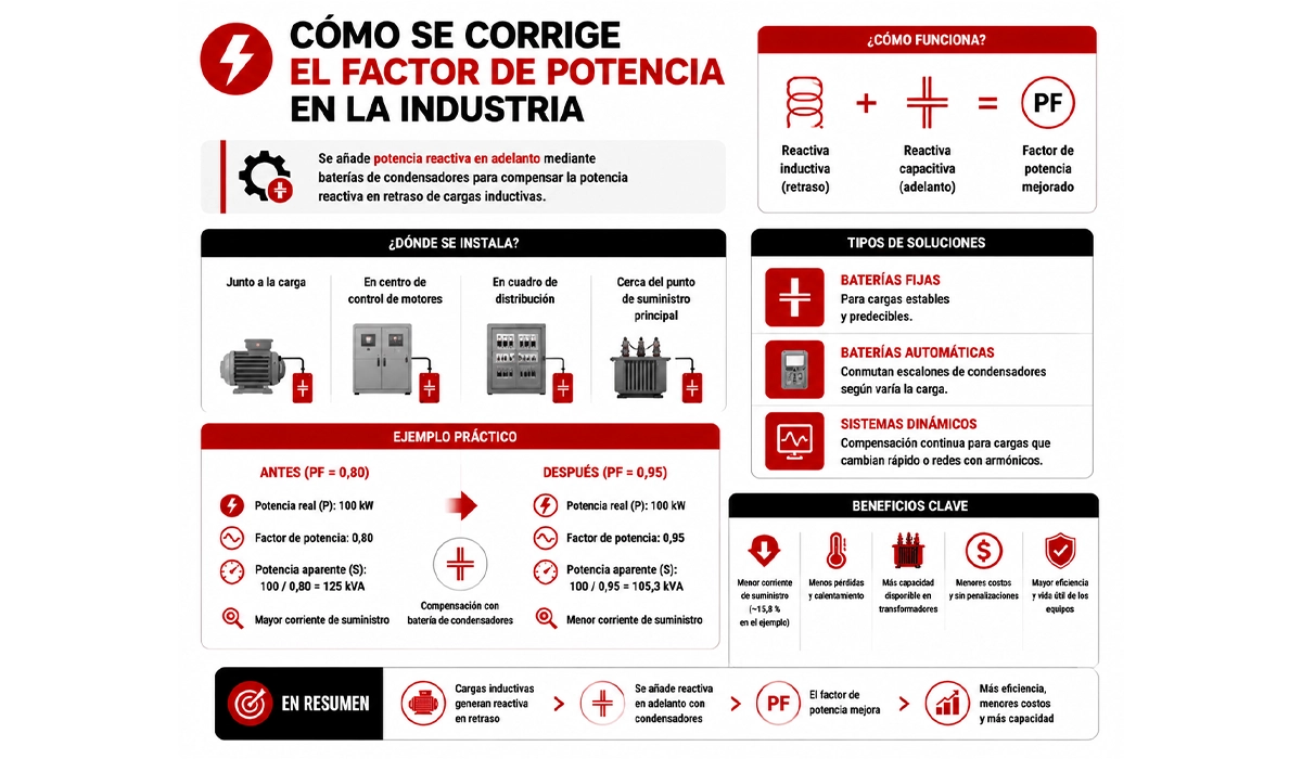 Cómo se corrige el factor de potencia en la industria
