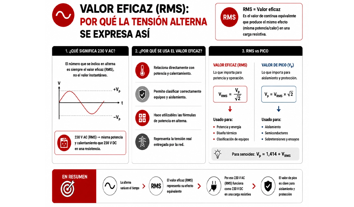Valor eficaz (RMS): por qué la tensión alterna se expresa así