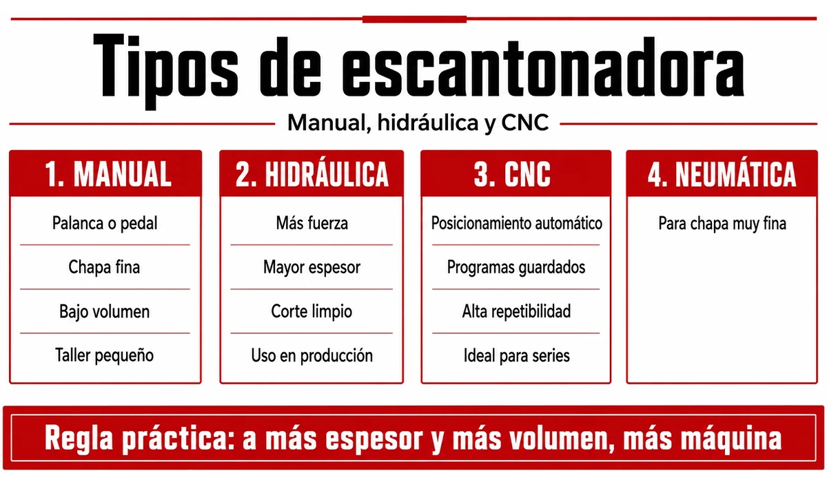 Tipos: manual, hidráulica y CNC