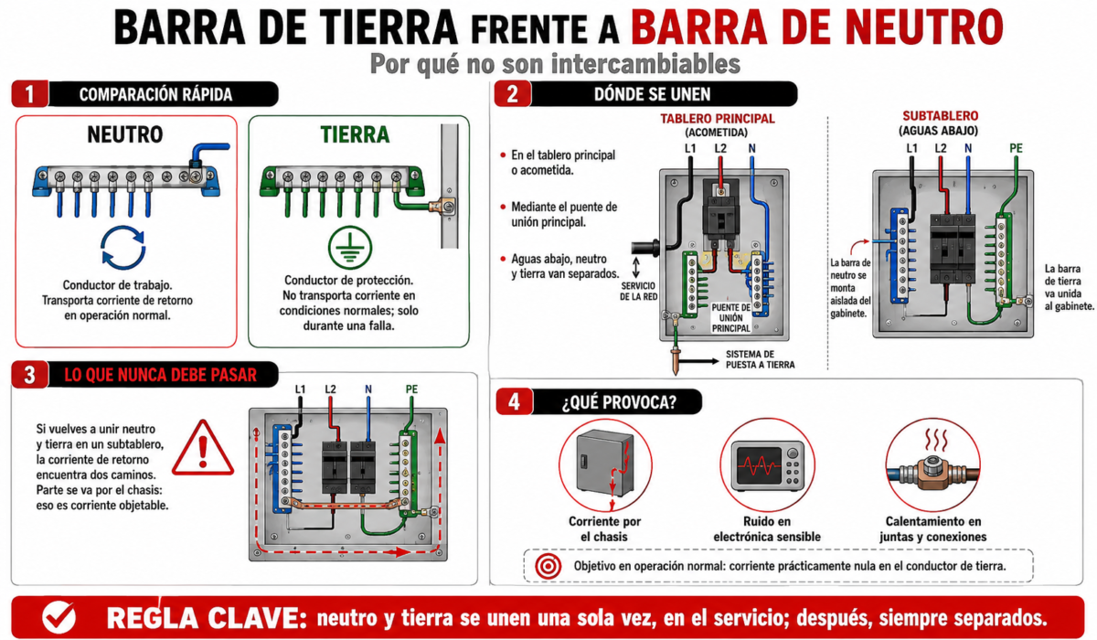 Barra de tierra frente a barra de neutro