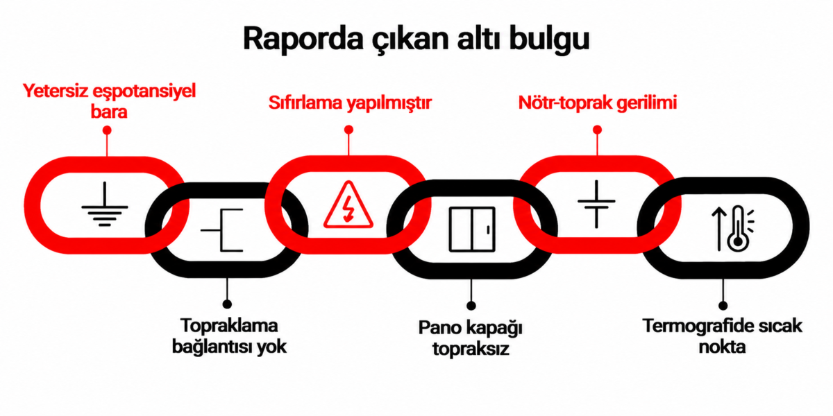 Topraklama barası kaynaklı altı periyodik kontrol bulgusunun elektrik güvenliği zinciri şeması