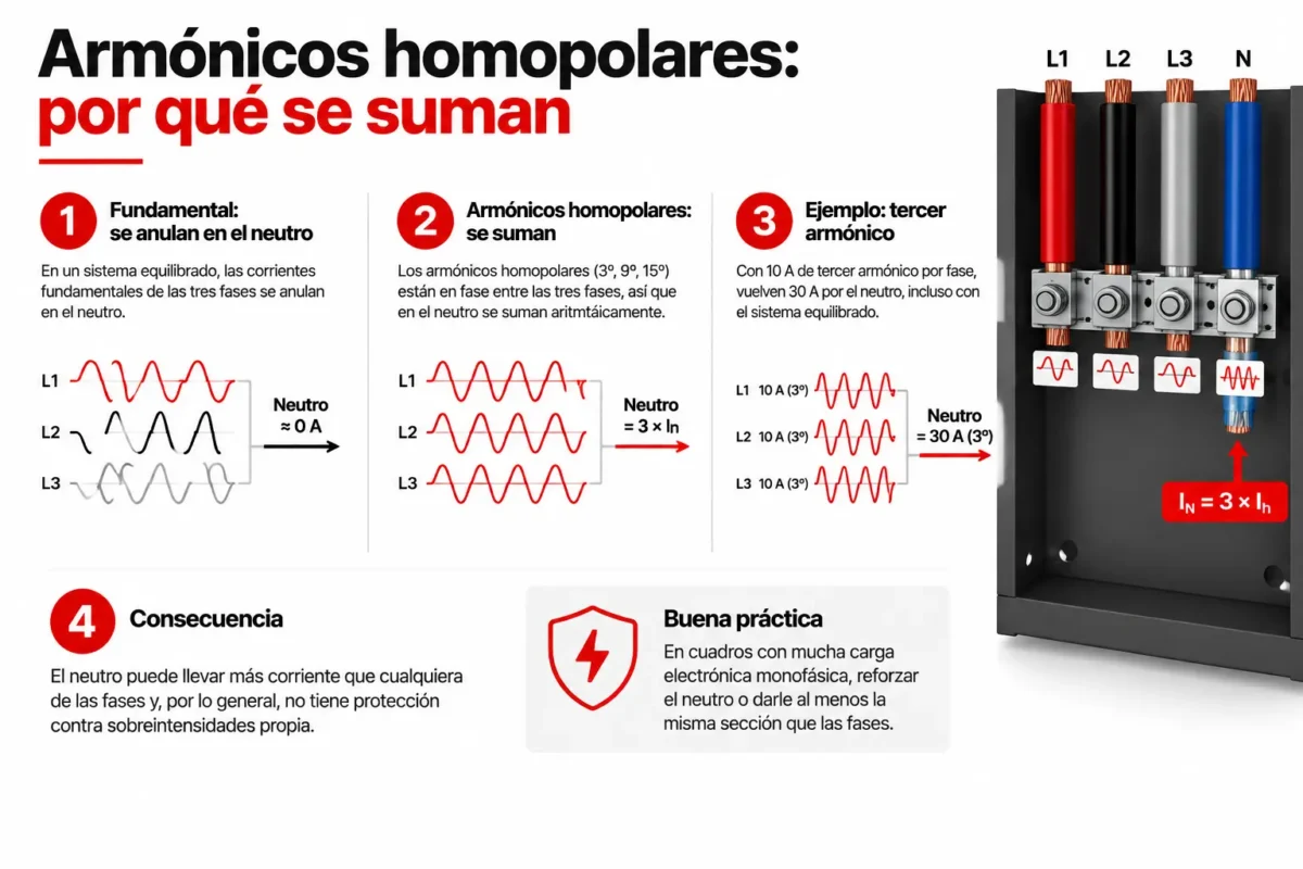 Armónicos homopolares sumándose en el conductor neutro