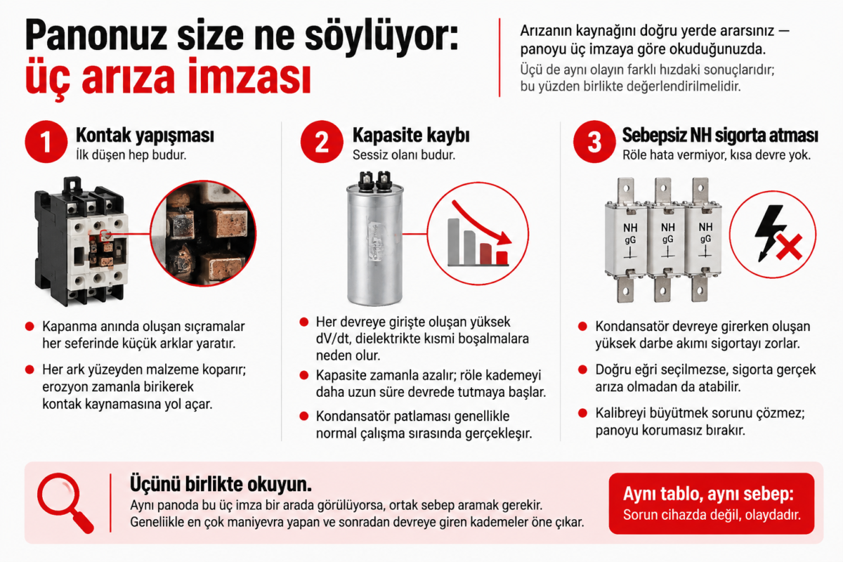 Kompanzasyon panosunda arıza imzası: yapışan kontak, şişen kondansatör ve atan NH sigorta