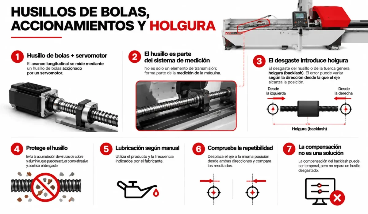 Infografía sobre el juego de husillos de bolas de la máquina de barras colectoras CNC