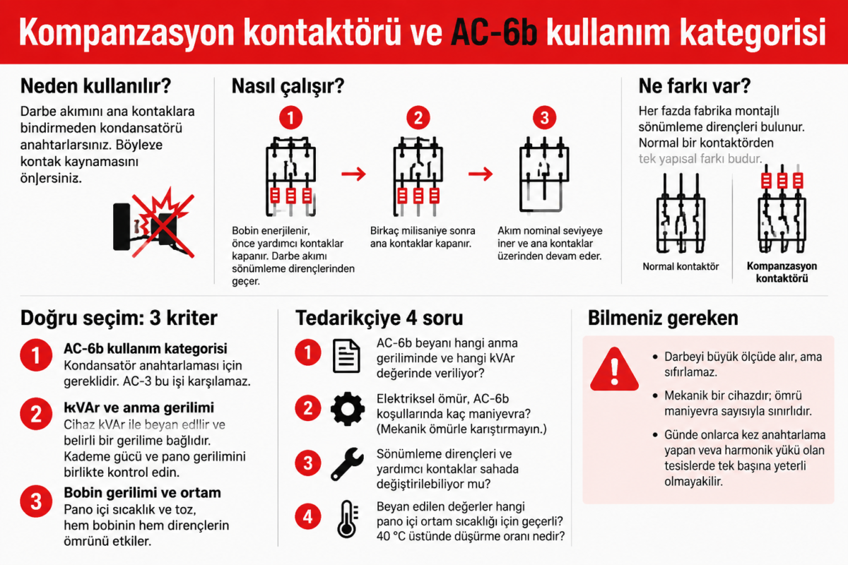 Kompanzasyon kontaktörü seçim rehberi: AC-6b beyanı, kVAr etiketi ve bobin gerilimi