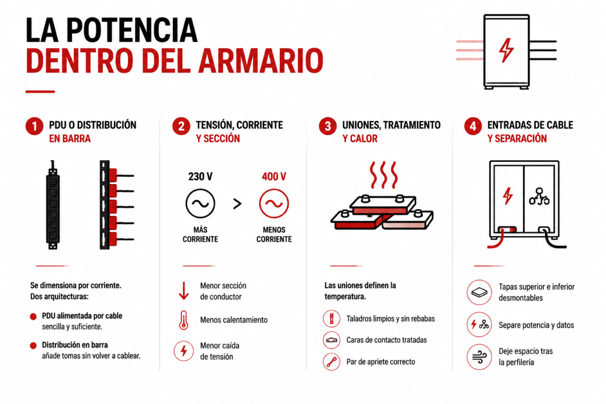 Distribución de potencia dentro del armario rack: PDU y barra vertical