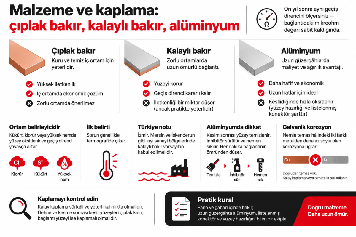 Topraklama barası malzeme seçimi: çıplak bakır, kalaylı bakır ve alüminyum bara karşılaştırması