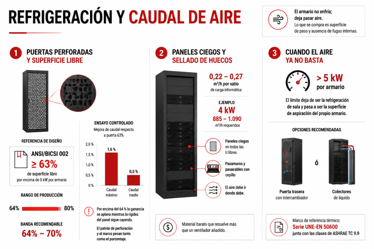 Refrigeración y caudal de aire en un armario rack: puertas perforadas y paneles ciegos