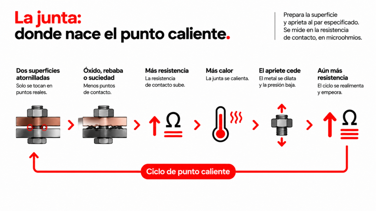 Calentamiento del embarrado: punto caliente en una junta atornillada de barras colectoras