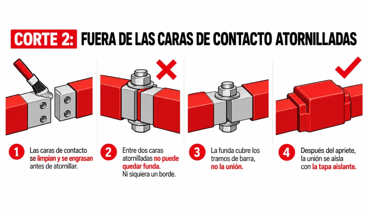Caras de contacto atornilladas de un embarrado sin funda, preparadas como metal desnudo