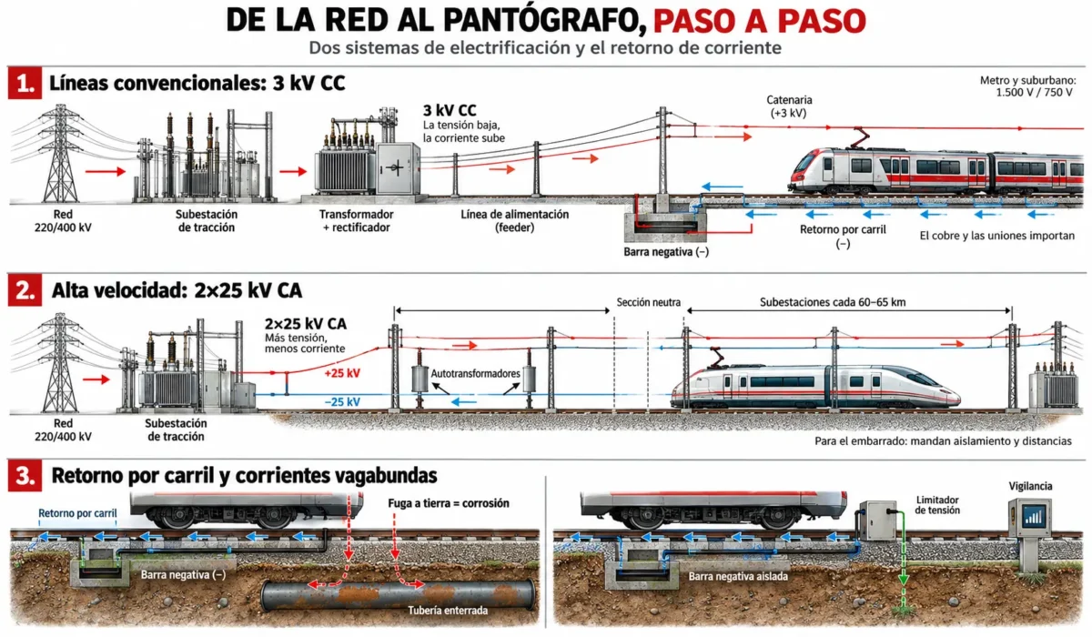 sistemas 3 kV CC y 2×25 kV CA en una subestación de tracción