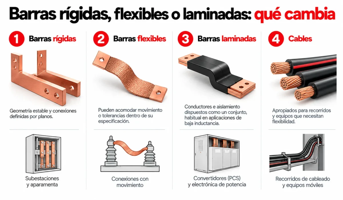 Tipos de barras colectoras para almacenamiento con baterías: rígidas, flexibles y laminadas