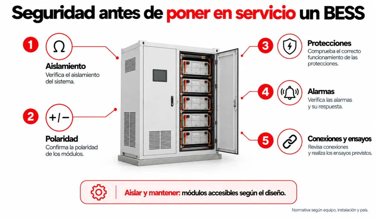Comprobaciones de seguridad antes de poner en servicio un sistema de almacenamiento de energía en baterías