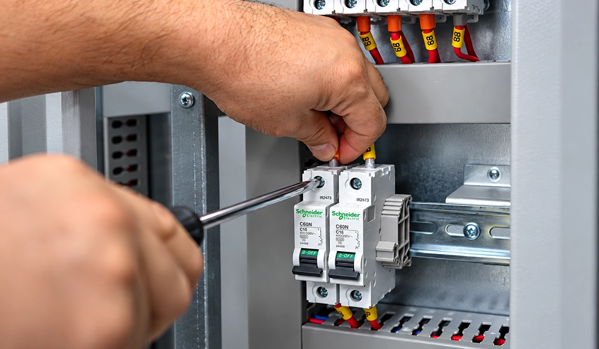 Elektrik panosundaki minyatür devre kesicinin kablo bağlantısını tornavidayla sıkan teknisyen