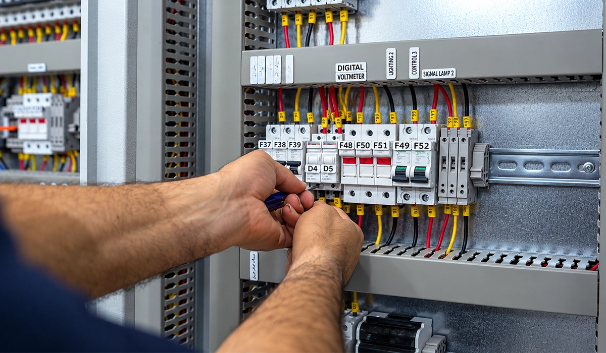 Elektrik panosunda DIN rayına monte edilmiş koruma cihazlarının kablo bağlantılarını düzenleyen teknisyen