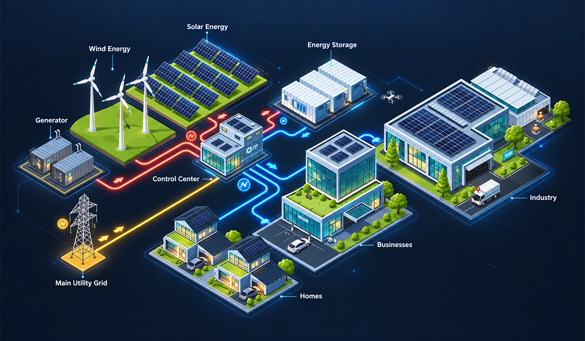 Esquema de una microrred eléctrica con generación renovable, almacenamiento, red principal y centro de control